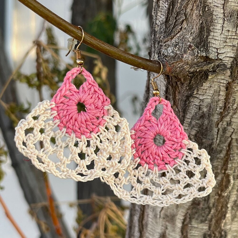 Crocheted Earrings in Pink and Cream Handmade Gift Idea